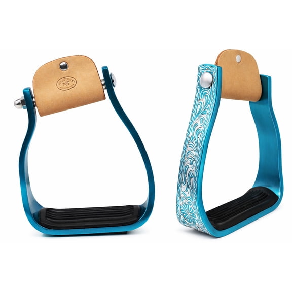 Horse Western 5" Barrel Racer Turquoise Engraved Aluminum Angled Show Stirrups 51140TR