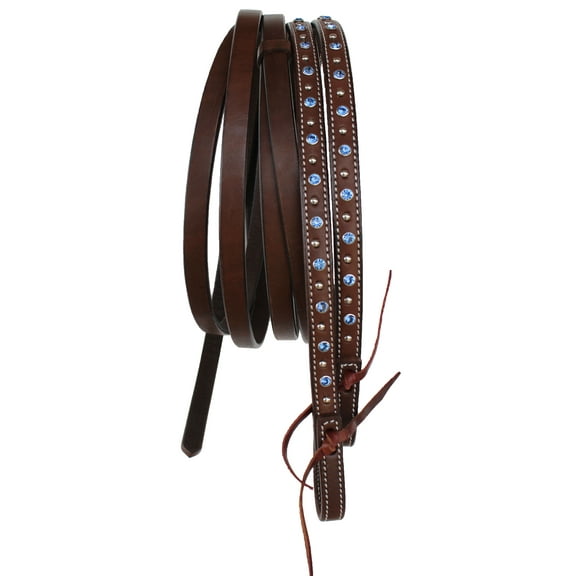 Horse Western 7ft Brown Show Split Leather Reins Blue Rhinestones 66RT22RB