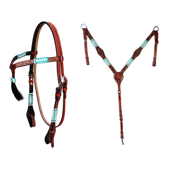Horse Western Antique Cross Tooled Leather Painted Rawhide Bridle & Breast Collar Tack Set 78FK26B