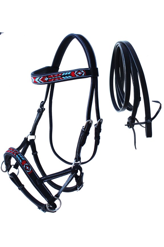 Horse Western Black Leather Beaded Bitless Padded Sidepull Bridle Reins 77RS17BK