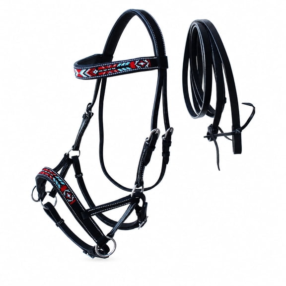 Horse Western Black Leather Beaded Bitless Padded Sidepull Bridle Reins 77RS17BK