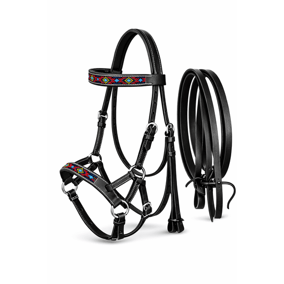 Horse Western Black Leather Beaded Bitless Padded Sidepull Bridle Reins 77RS21BK