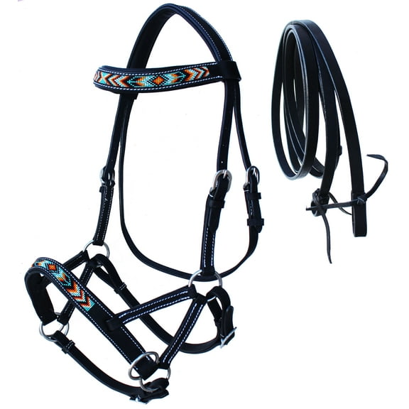 Horse Western Black Leather Beaded Bitless Padded Sidepull Bridle Reins 77RS22BK