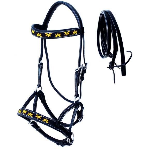 Horse Western Black Leather Beaded Bitless Padded Sidepull Bridle Reins 77RS24BK