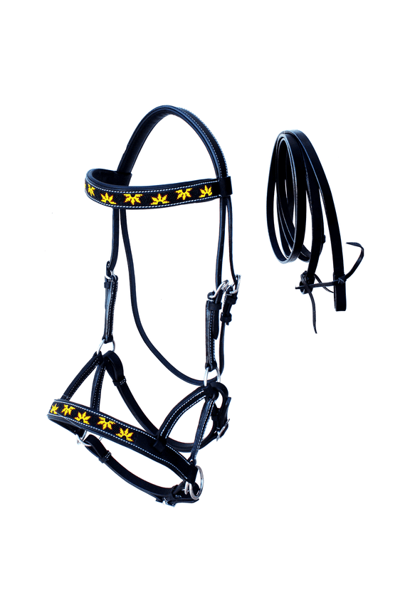 Horse Western Black Leather Beaded Bitless Padded Sidepull Bridle Reins 77RS24BK