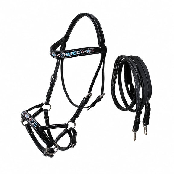 Horse Western Black Leather Bitless Sidepull Beaded Bridle Reins 77RT12BK-F