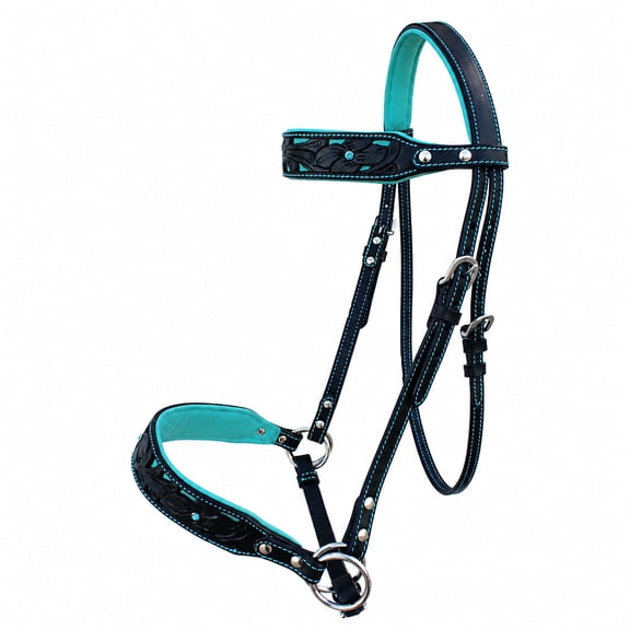 Horse Western Black Leather Floral Tooled Bitless Sidepull Bridle Reins 77RS34BK
