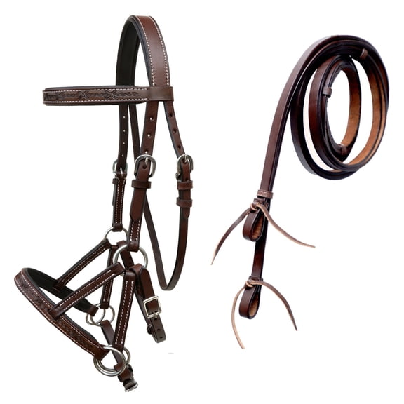 Horse Western Brown Leather Barbed Wire Bitless Sidepull Bridle w/ Split Reins 77RS43