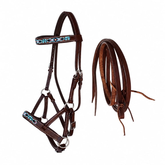 Horse Western Brown Leather Beaded Bitless Padded Sidepull Bridle Reins 77RS14BR
