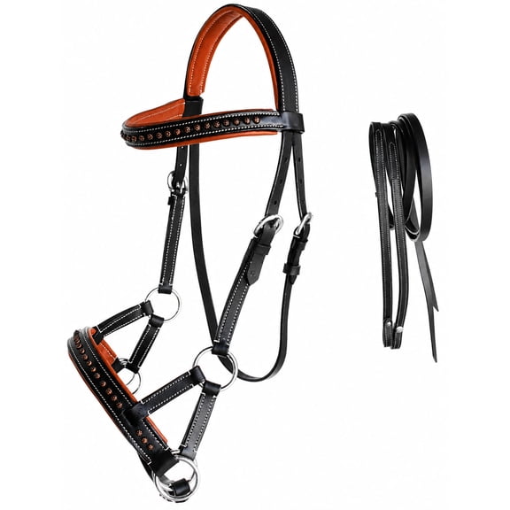 Horse Western Cob Leather Bitless Sidepull Bridle Reins Black 7712BK-C