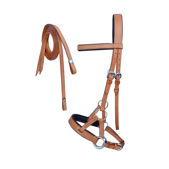 Horse Western Cob Leather Brown Padded Bitless Sidepull Bridle Reins 7709BR-C