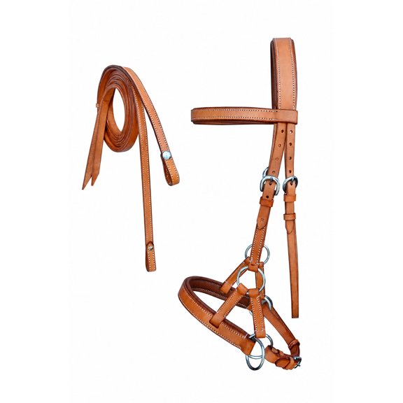Horse Western Cob Leather Tan Padded Bitless Sidepull Bridle Reins 7709TN-C