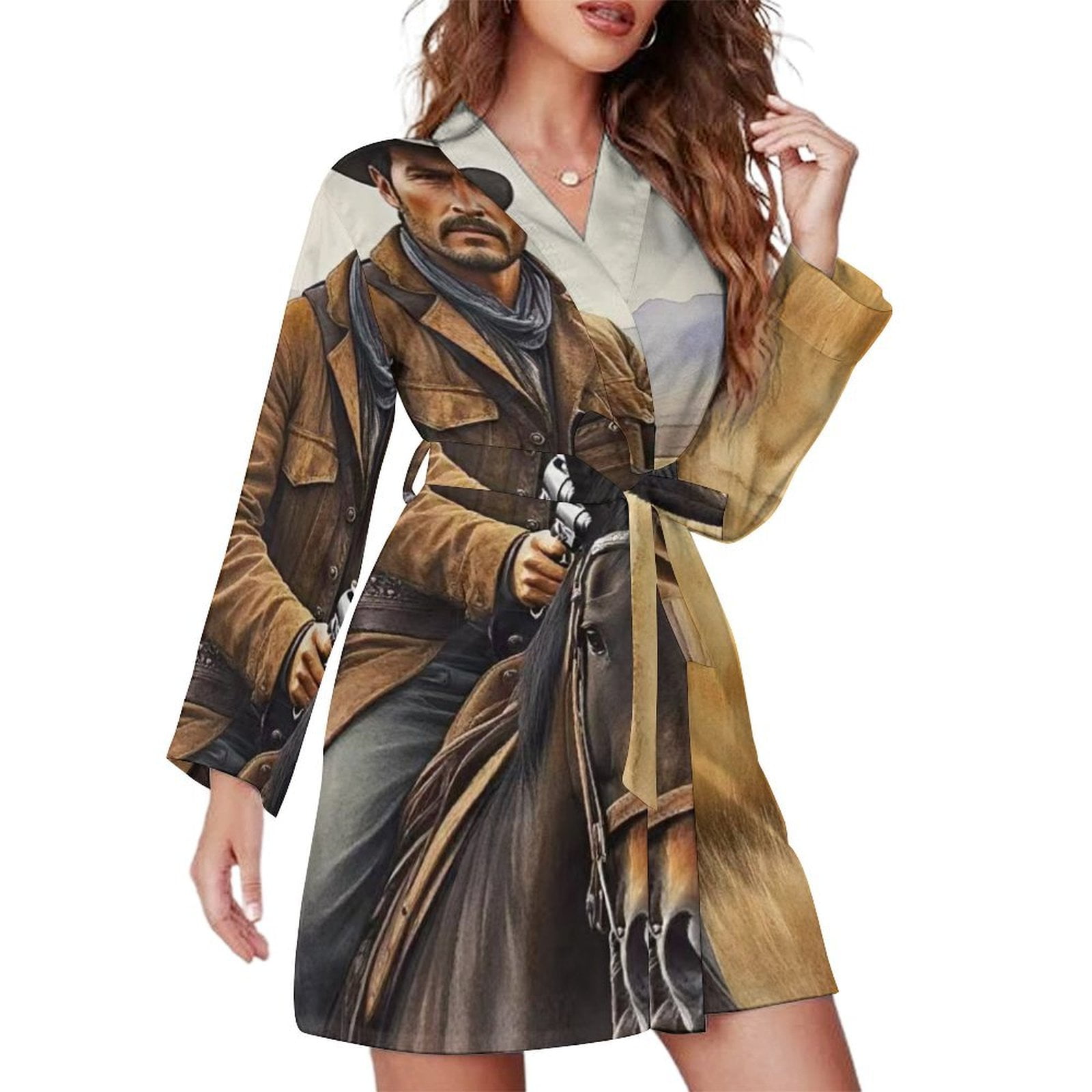 Horse Western Cowboy Night Robe Long Sleeve V Neck Robe With Belt Women ...