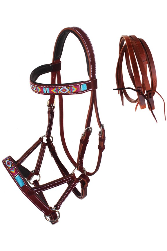 Horse Western English Leather Beaded Bitless Sidepull Bridle Reins 77RS15MG-F