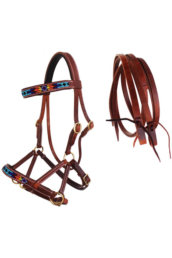 Horse Western English Leather Beaded Bitless Sidepull Bridle Reins 77RS16TN-F