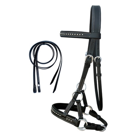 Horse Western English Leather Bitless Sidepull Bridle Reins Black Cob 7708BK-C