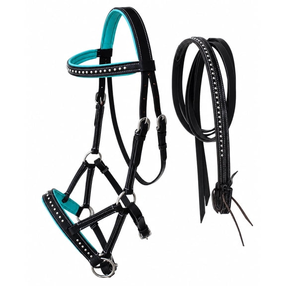 Horse Western English Leather Bitless Sidepull Bridle Reins Teal 7708BRT-F