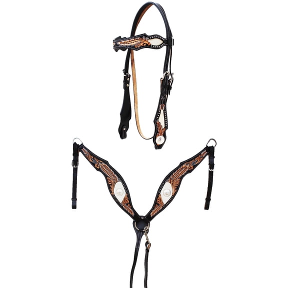 Horse Western Feather Hair-On Tooled Headstall Bridle & Breast Collar Set 78FK16B