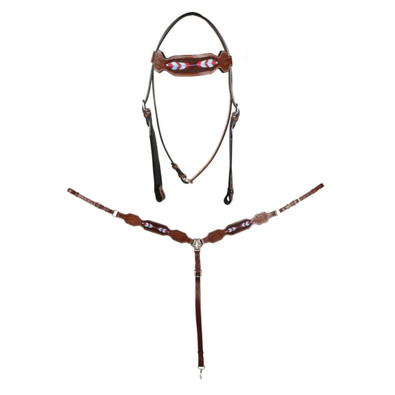 Horse Western Feather Tooled Browband Bridle & Breast Collar Set Brown 78BT01B