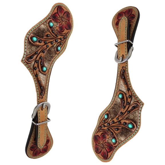 Horse Western Filigree Floral Tooled Tan Leather Cowhide Inlay Spur Straps 74FK42 74FK42