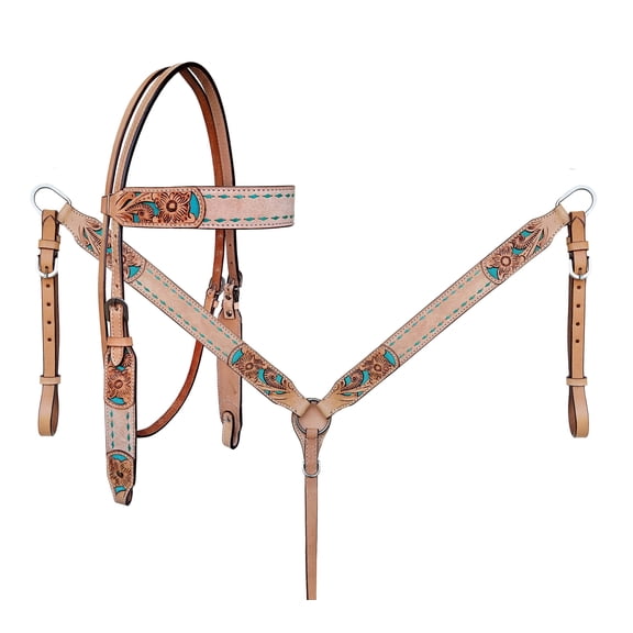 Horse Western Filigree Turquoise Inlay Rough-Out Leather Bridle & Breast Collar Tack Set 78RS18TRB