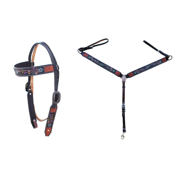Horse Western Floral Tooled Browband Bridle & Breast Collar Tack Set 78HR25B