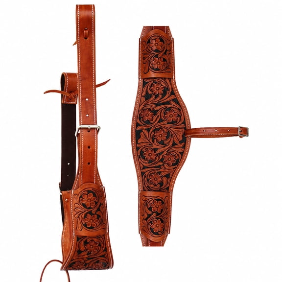 Horse Western Floral Tooled Leather Rear Flank Saddle Cinch w/ Billets 9772BI