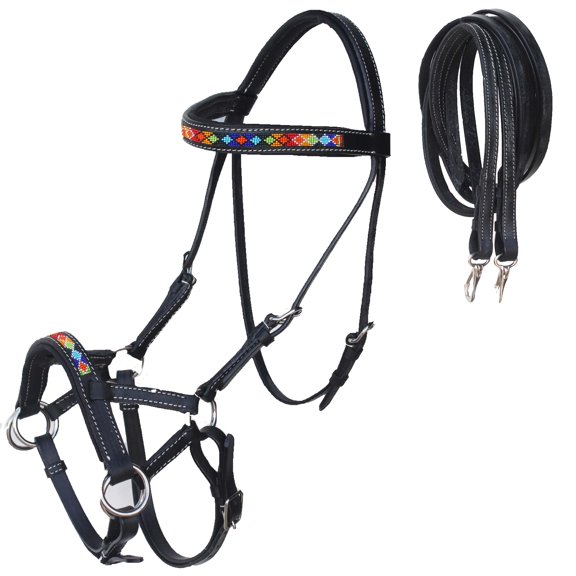 Horse Western Horse Bitless Black Padded Leather Beaded Sidepull Bridle with Reins 77RT15BK