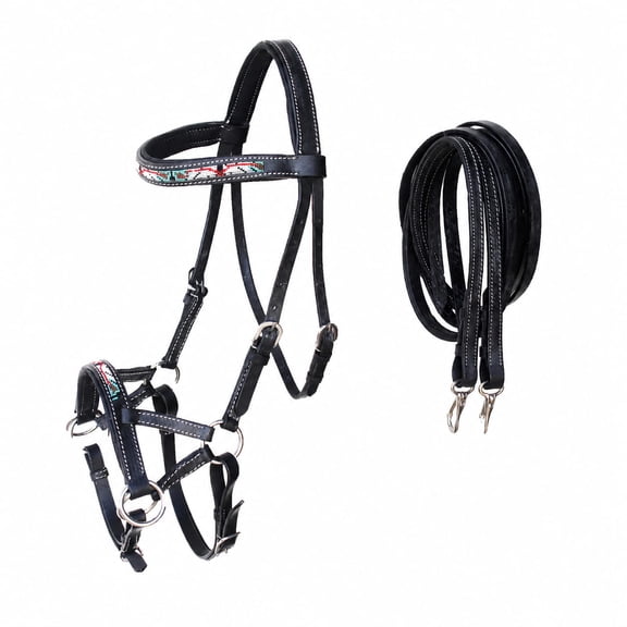 Horse Western Horse Bitless Black Padded Leather Beaded Sidepull Bridle with Reins 77RT18BK