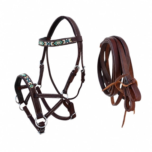 Horse Western Horse Leather Beaded Bitless Sidepull Bridle w/ Split Reins 77RS13BR