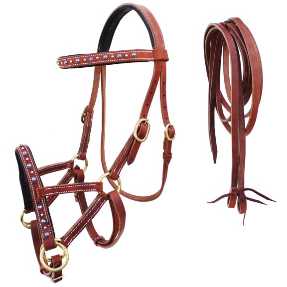 Horse Western Horse Leather Purple Rhinestone Bitless Sidepull Bridle w/ Split Reins 77RS31PR