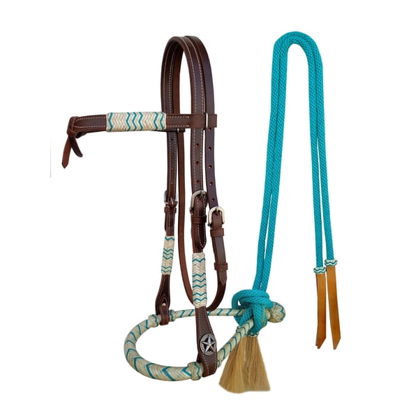 Horse Western Knotted Bosal Rawhide Hanger Headstall w/ Turquoise Braided Reins 78J04TR
