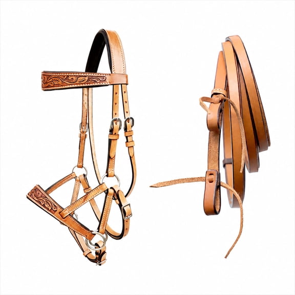 Horse Western Leather Antique Floral Tooled Bitless Sidepull Bridle Split Reins 77RS45