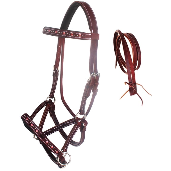 Horse Western Leather Beaded Bitless Sidepull Bridle Reins 77RS05PK-F