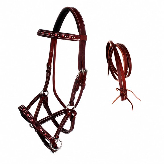 Horse Western Leather Beaded Bitless Sidepull Bridle Reins 77RS05PK-F