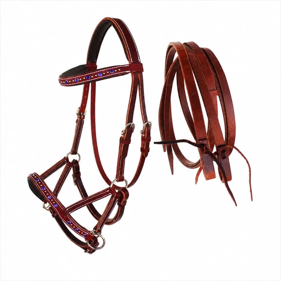 Horse Western Leather Beaded Bitless Sidepull Bridle Reins 77RS05RB-F