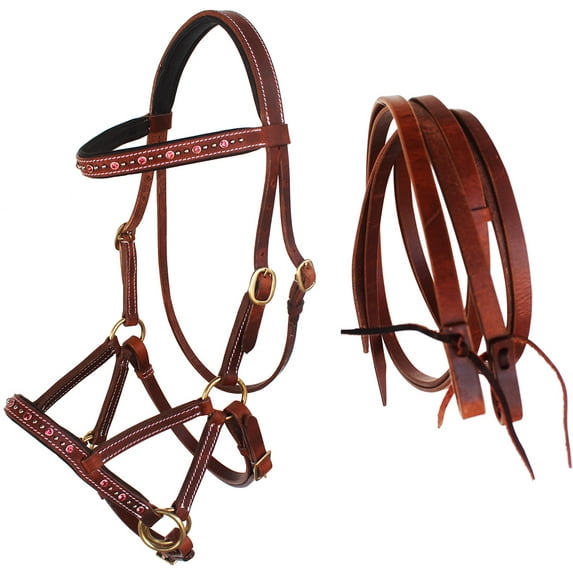 Horse Western Leather Beaded Bitless Sidepull Bridle Reins 77RS06PK-F