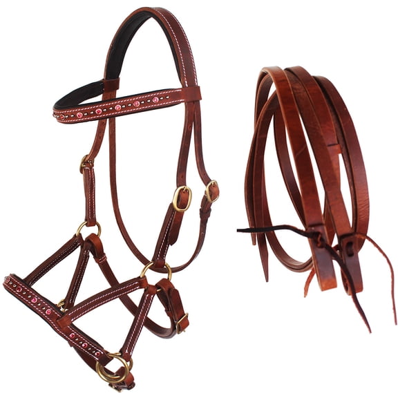 Horse Western Leather Beaded Bitless Sidepull Bridle Reins 77RS06PK-F