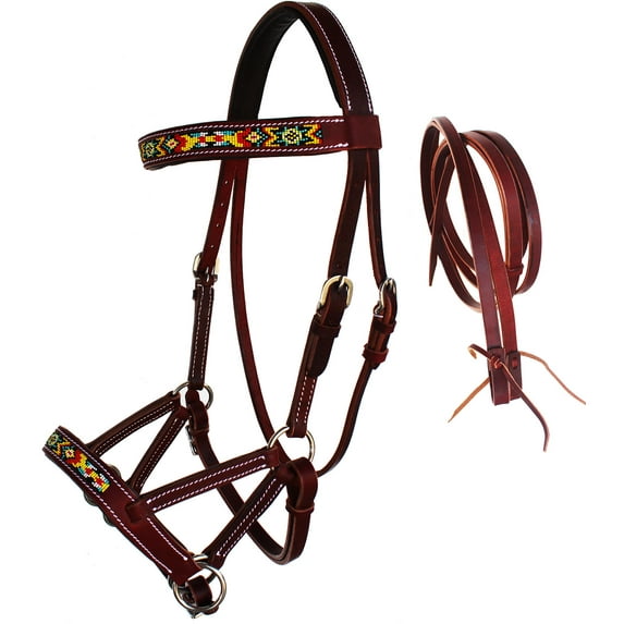 Horse Western Leather Beaded Bitless Sidepull Bridle Reins 77RS19MG-F