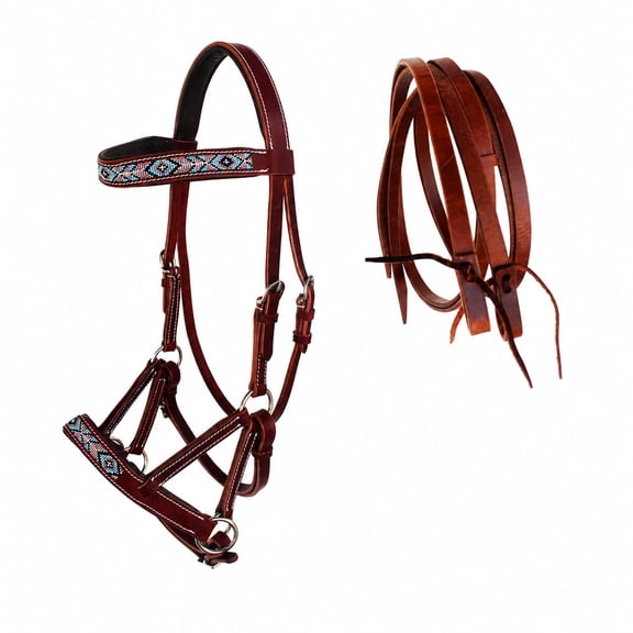 Horse Western Leather Beaded Bitless Sidepull Bridle Reins 77RS20MG-F