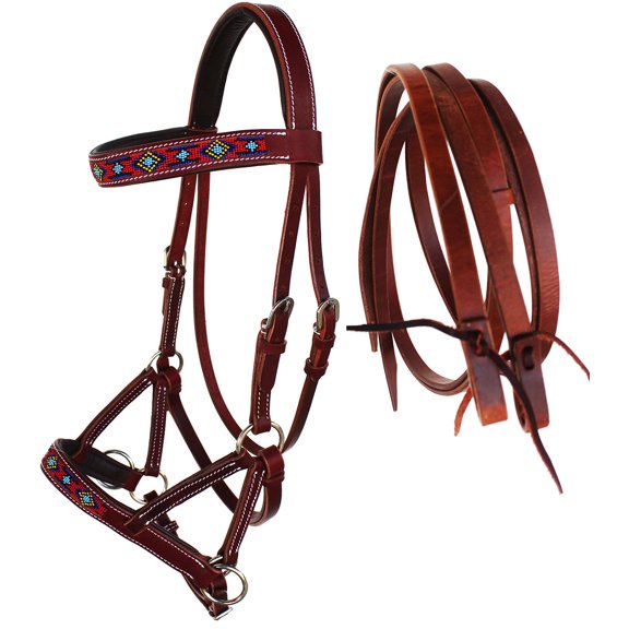 Horse Western Leather Beaded Bitless Sidepull Bridle Reins 77RS21MG-F