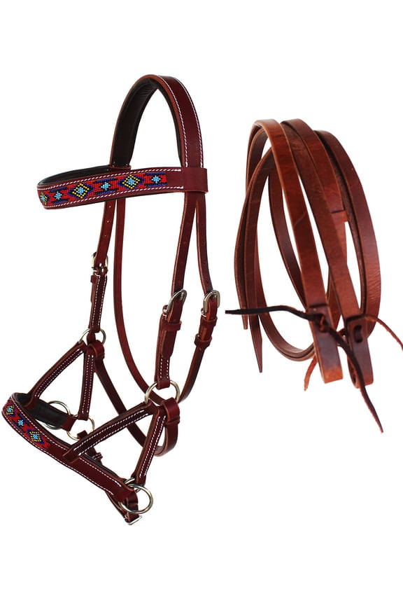 Horse Western Leather Beaded Bitless Sidepull Bridle Reins 77RS21MG-F