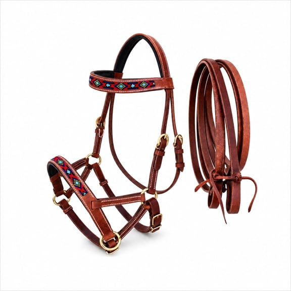 Horse Western Leather Beaded Bitless Sidepull Bridle Reins 77RS21TN-F