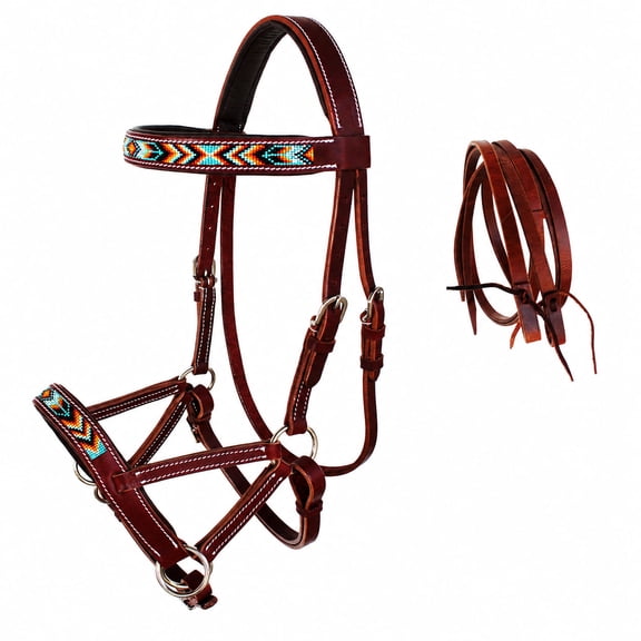 Horse Western Leather Beaded Bitless Sidepull Bridle Reins 77RS22MG-F