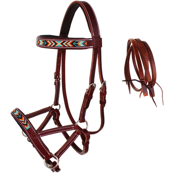 Horse Western Leather Beaded Bitless Sidepull Bridle Reins 77RS22MG-F
