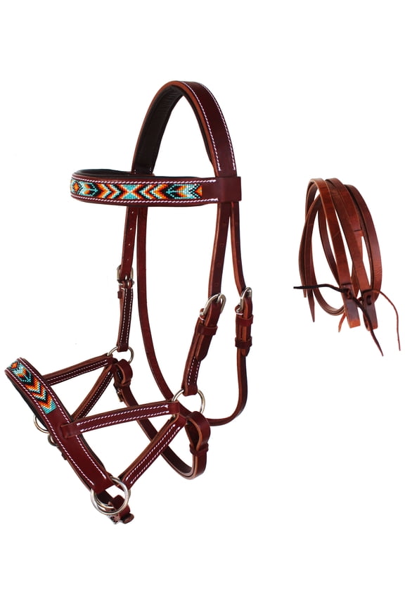 Horse Western Leather Beaded Bitless Sidepull Bridle Reins 77RS22MG-F