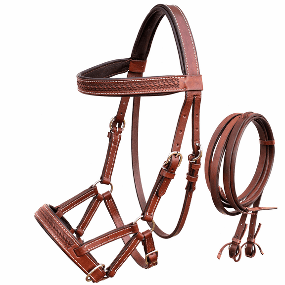 Horse Western Leather Floral Bitless Sidepull Bridle Split Reins 77RS30BR