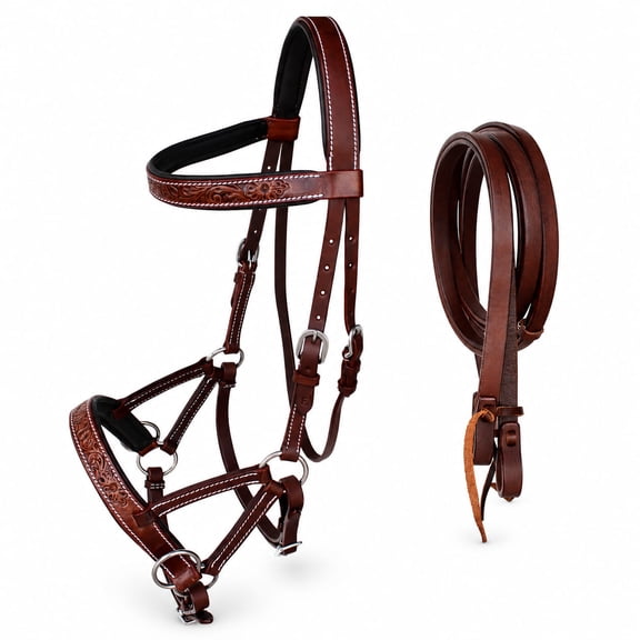 Horse Western Leather Floral Bitless Sidepull Bridle Split Reins 77RS30BR