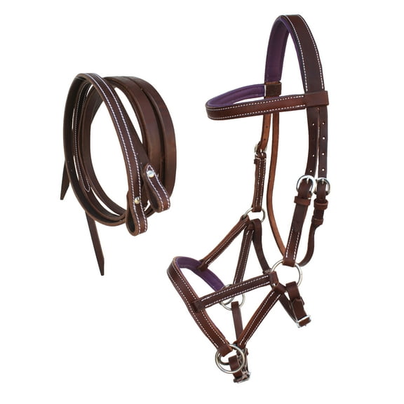 Horse Western Leather Purple Padded Bitless Sidepull Bridle w/ Reins 77RS32PR