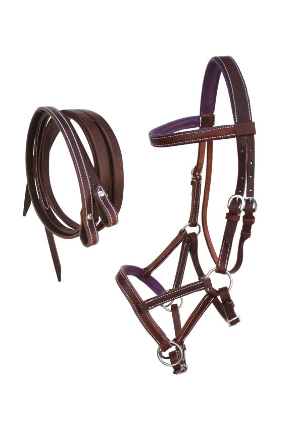 Horse Western Leather Purple Padded Bitless Sidepull Bridle w/ Reins 77RS32PR